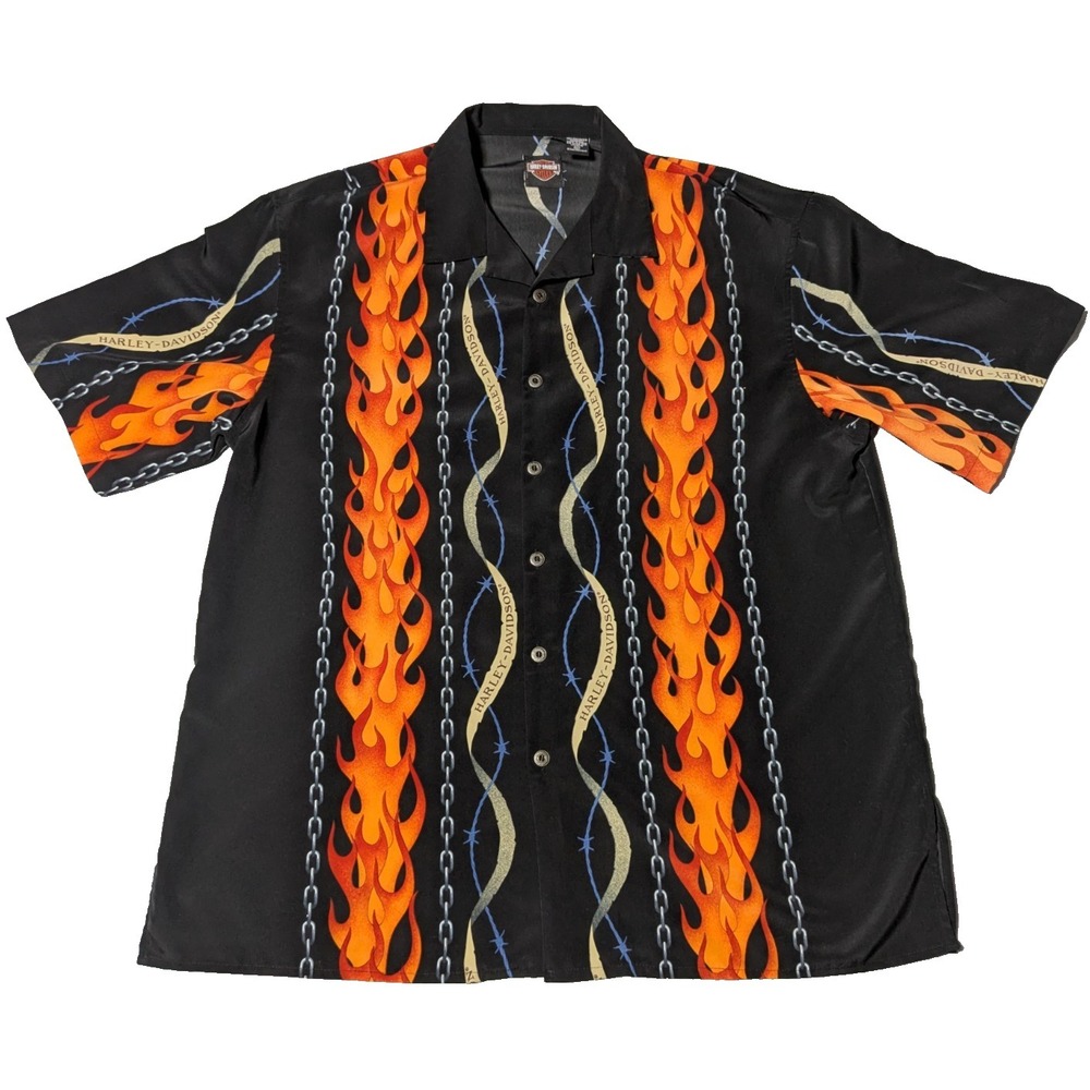 HARLEY DAVIDSON x TORI RICHARD Black Chains &‎ Flames Shirt - Men XL EUC